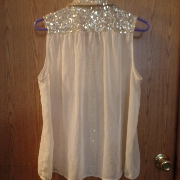 ISSI Cream Sheer Blouse with Gold Sequin Collar and Top of Back, Size L - Picture 3 of 4
